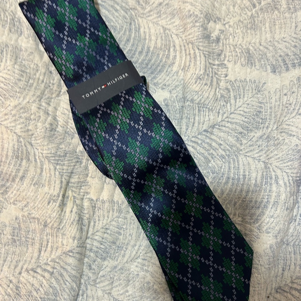 Tommy Hilfiger Navy and Green Argyle Tie